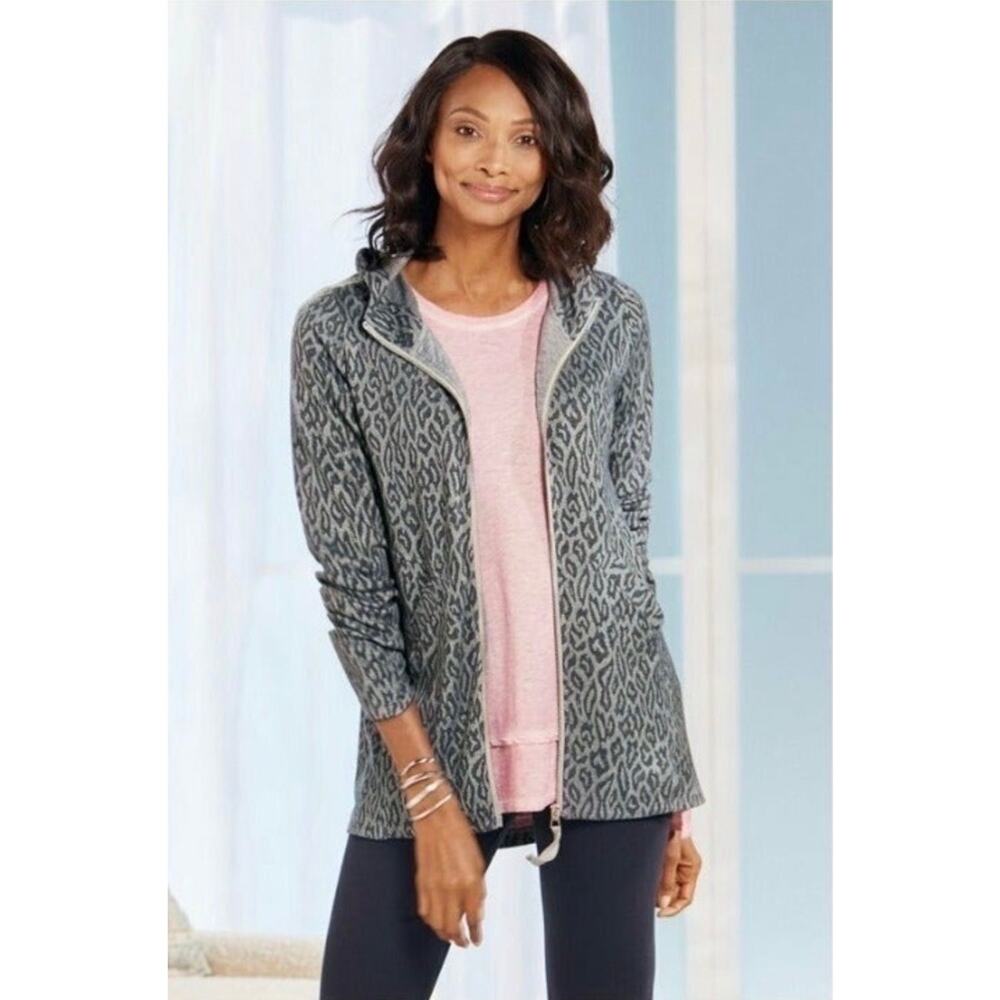 Soft Surroundings Womens Lyra Leopard Hooded Zip Front Jacket Gray Size 2X
